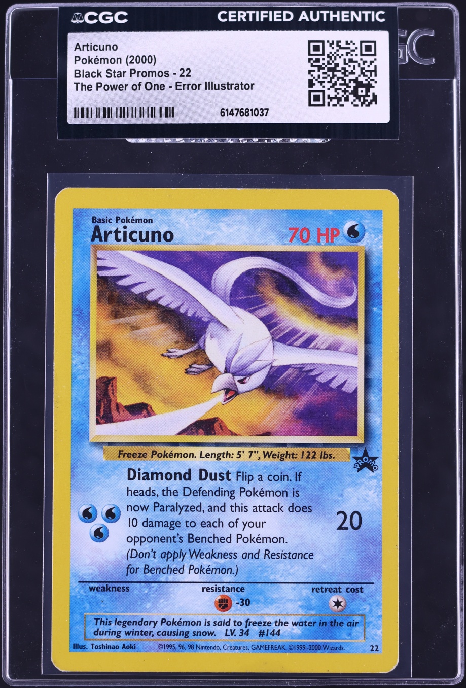 2000 Pokemon Black Star Promo Aoki Error Articuno #22 CGC AUTH