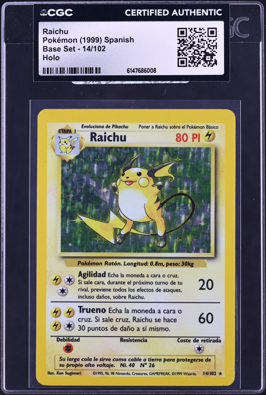 1999 Pokemon Spanish Base Set Holo Raichu #14 CGC AUTH