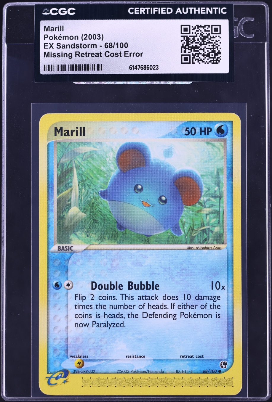 2003 Pokemon EX Sandstorm Missing Retreat Cost Error Marill #68 CGC AUTH
