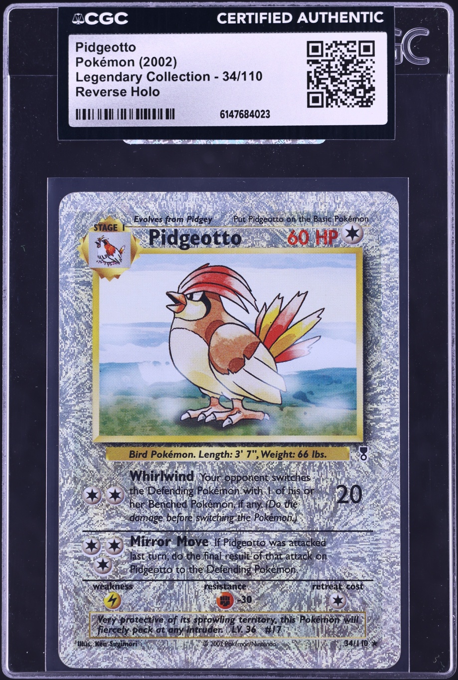 2002 Pokemon Legendary Collection Reverse Holo Pidgeotto #34 CGC AUTH