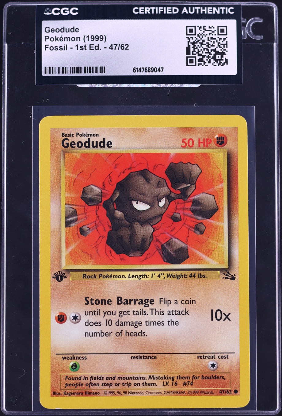 1999 Pokemon Fossil 1st Edition Geodude #47 CGC AUTH