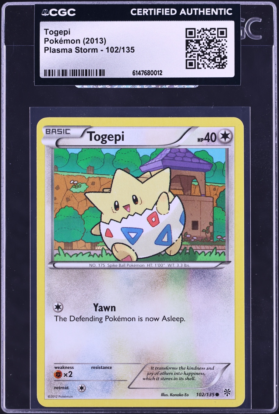 2013 Pokemon Black & White Plasma Storm Togepi #102 CGC AUTH