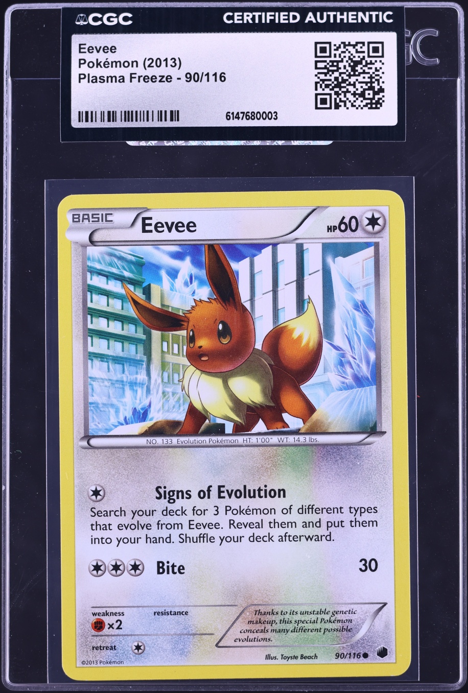 2013 Pokemon Black & White Plasma Freeze Eevee #90 CGC AUTH