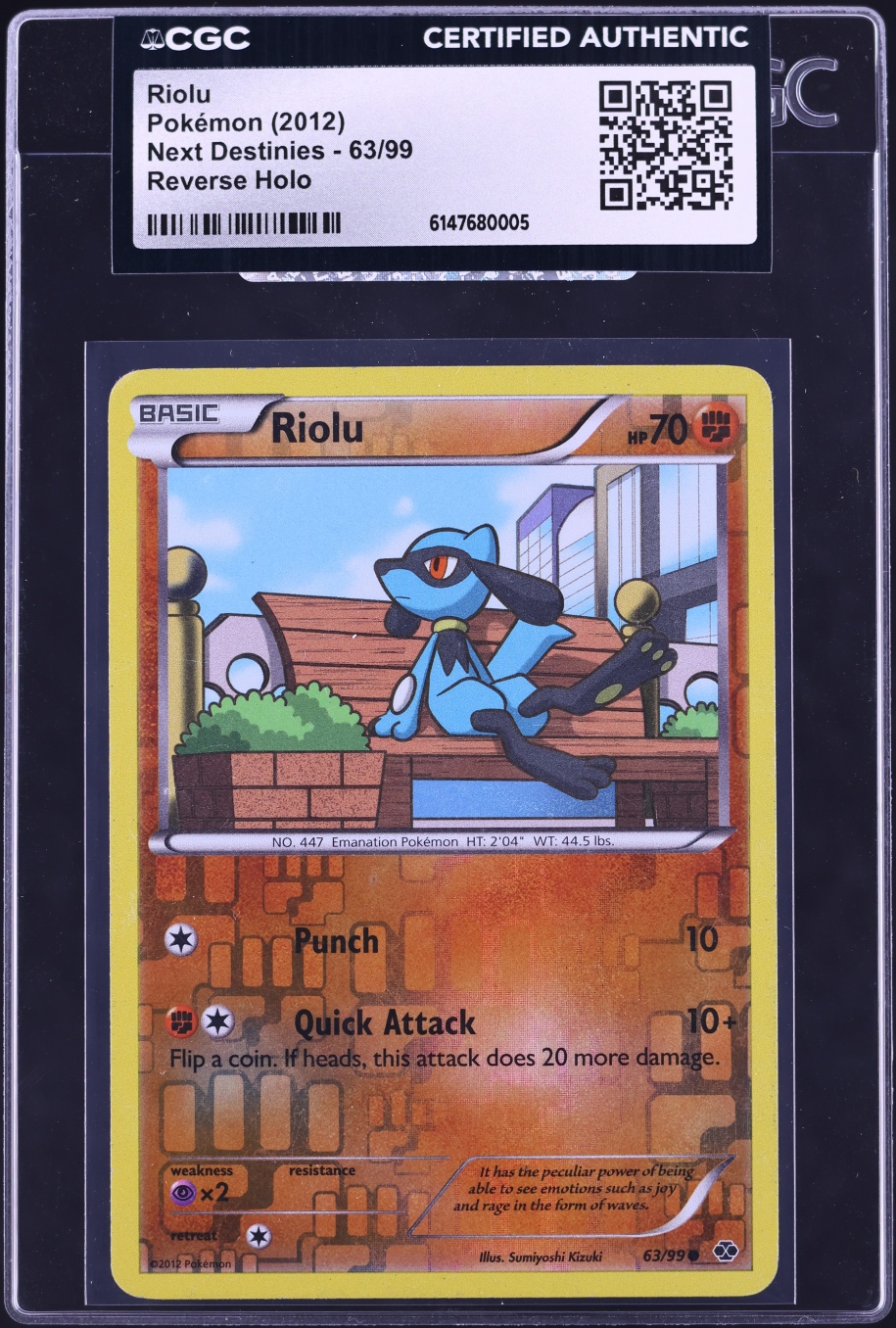 2012 Pokemon Black & White Next Destinies Reverse Holo Riolu #63 CGC AUTH