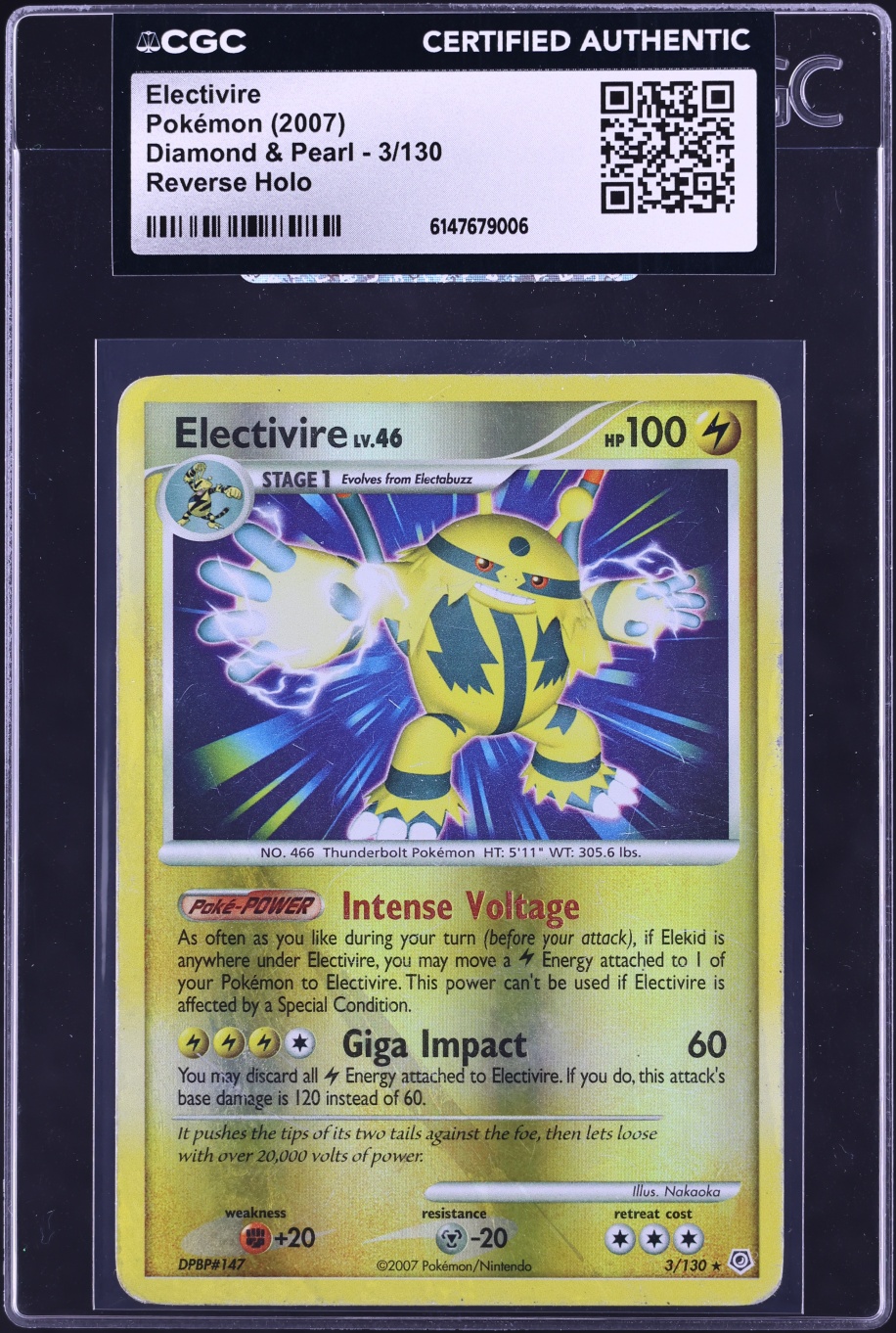 2007 Pokemon Diamond & Pearl Reverse Holo Electivire #3 CGC AUTH