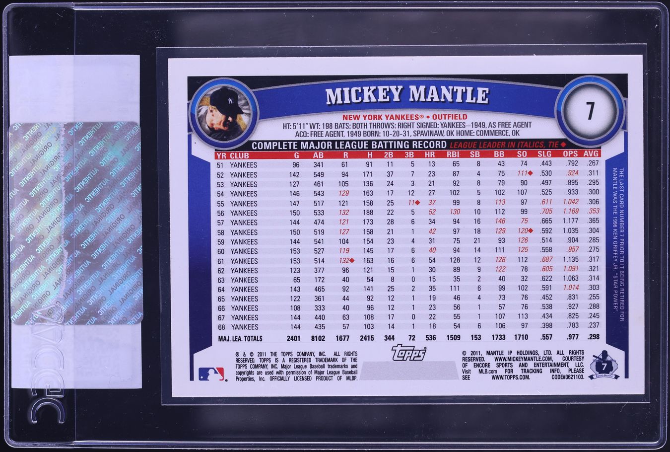 2011 Topps Mickey Mantle #7 CGC AUTH