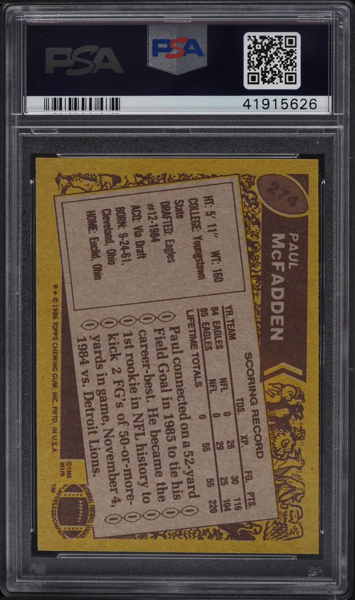 1986 Topps Football Paul McFadden #274 PSA 8 NM-MT