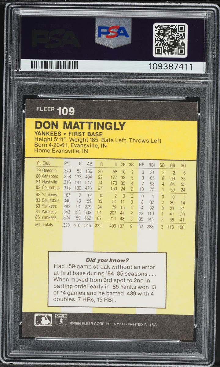 1986 Fleer Don Mattingly #109 PSA 9 MINT
