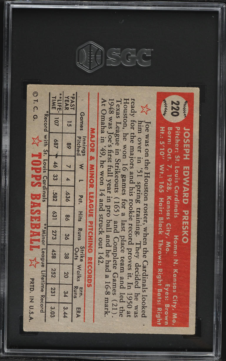 1952 Topps Joe Presko #220 SGC 5 EX