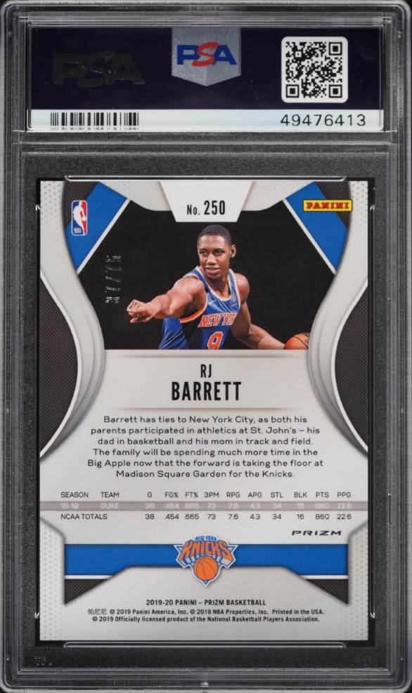 2019 Panini Prizm Fast Break Purple RJ Barrett ROOKIE /75 #250 PSA 9 MINT