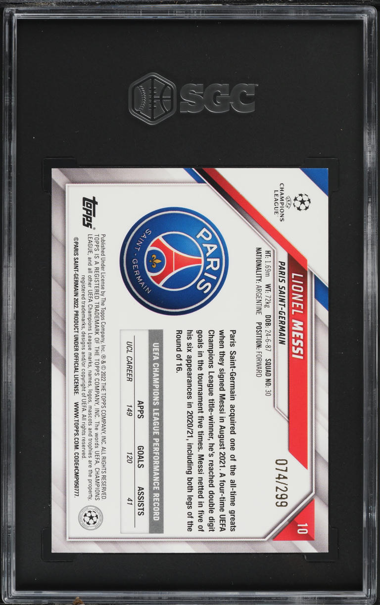 2021 Topps UEFA Champions League Aqua Foil Lionel Messi /299 #10 SGC 10 GEM MINT