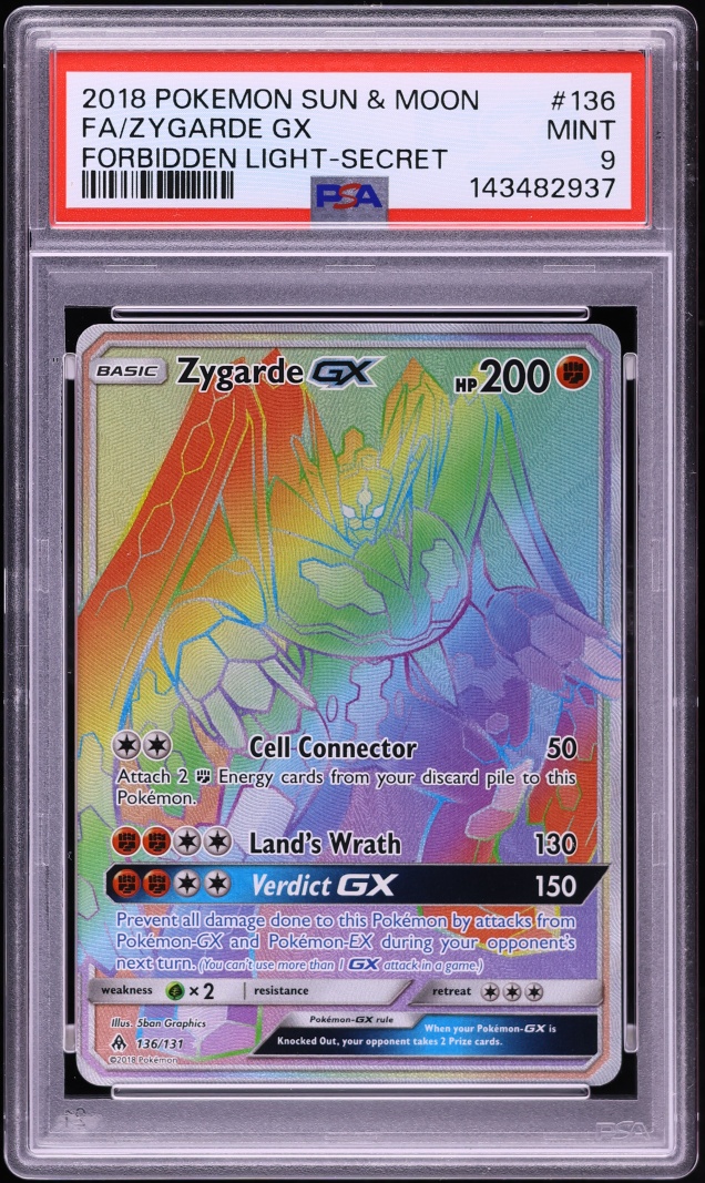 2018 Pokemon Sun & Moon Forbidden Light Rainbow Rare Zygarde GX #136 PSA 9 MINT