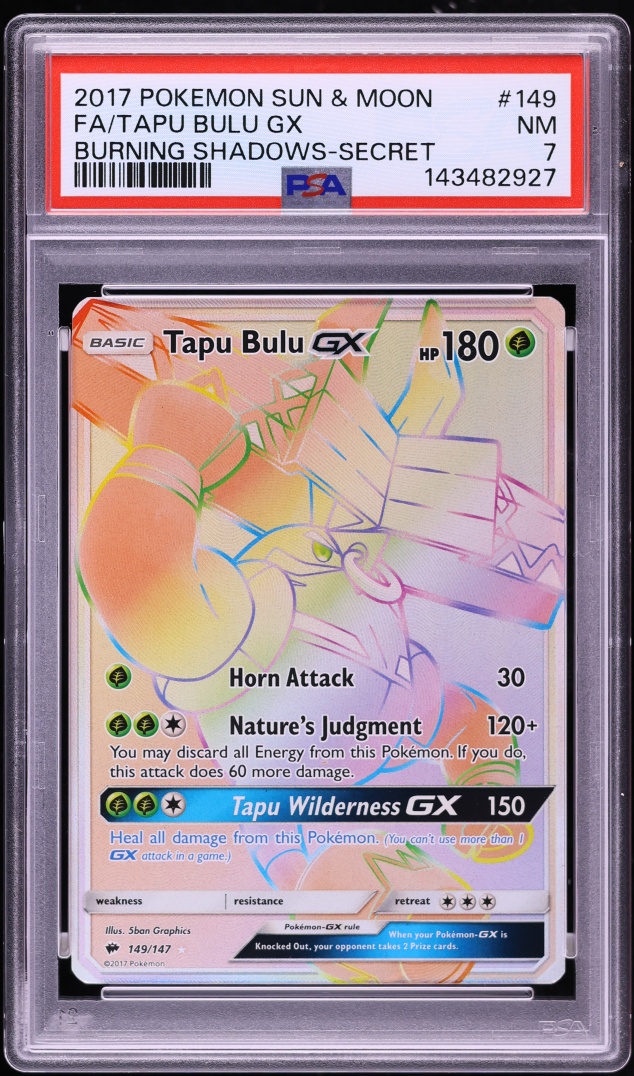 2017 Pokemon Sun & Moon Burning Shadows Rainbow Rare Tapu Bulu GX #149 PSA 7 NRMT