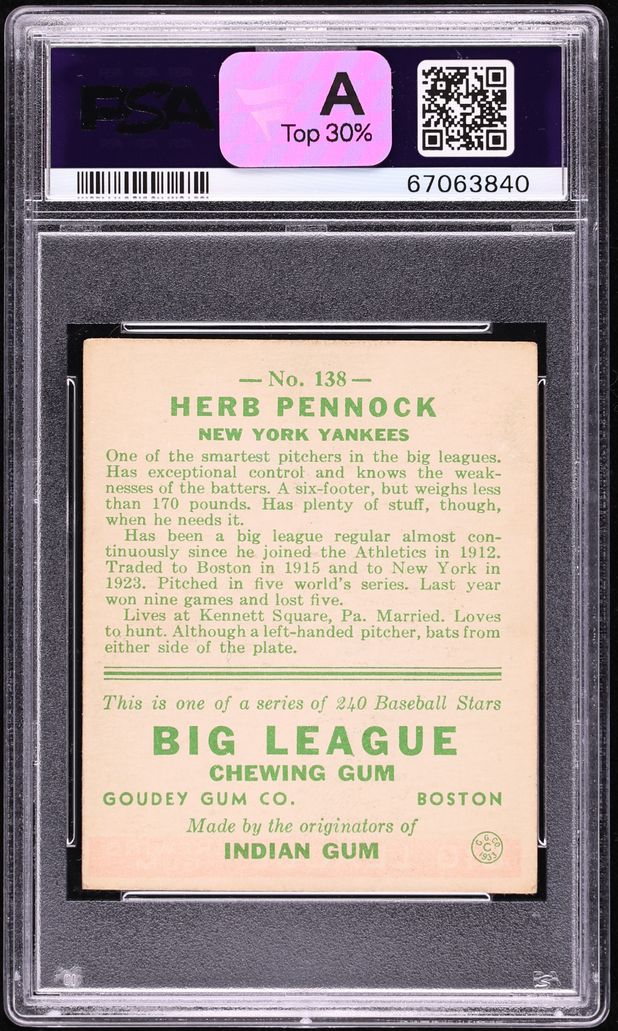 1933 Goudey Herb Pennock #138 PSA 4 VGEX