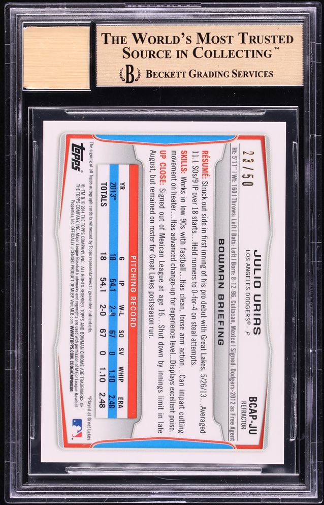 2014 Bowman Chrome Blue Wave Refractor Julio Urias PROSPECT AUTO /50 #BCAP-JU BGS 10 PRISTINE