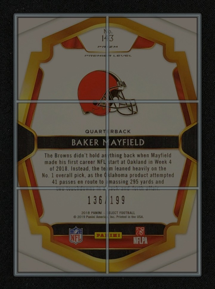 2018 Select Premier Level Tri-Color Prizm Baker Mayfield ROOKIE /199 #143 MBA AUTH