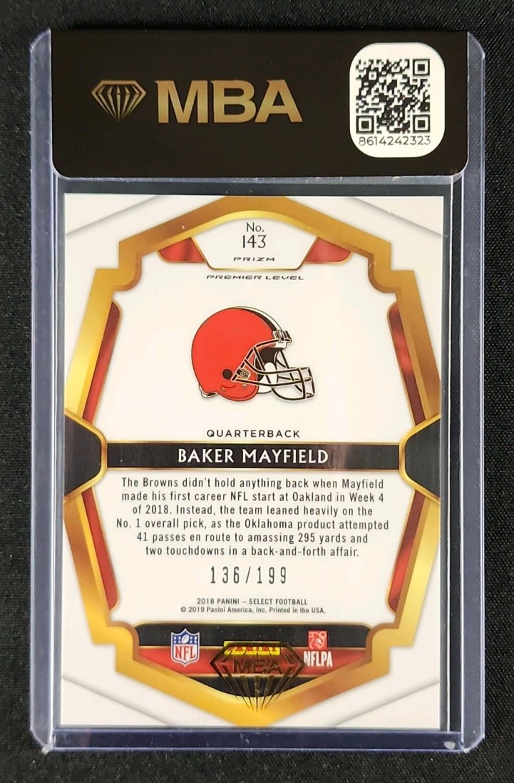 2018 Select Premier Level Tri-Color Prizm Baker Mayfield ROOKIE /199 #143 MBA AUTH