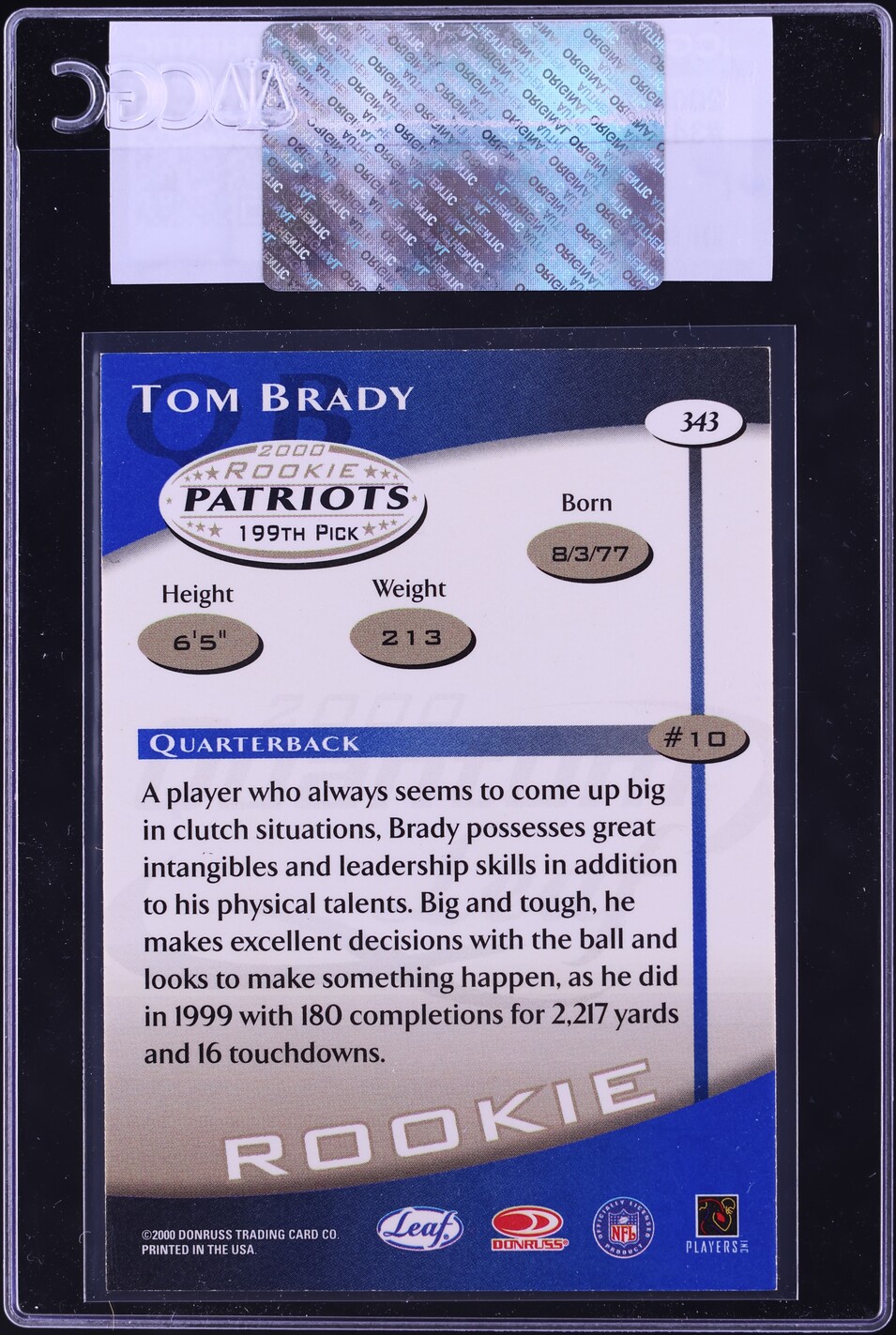 2000 Quantum Leaf Tom Brady ROOKIE #343 CGC AUTH