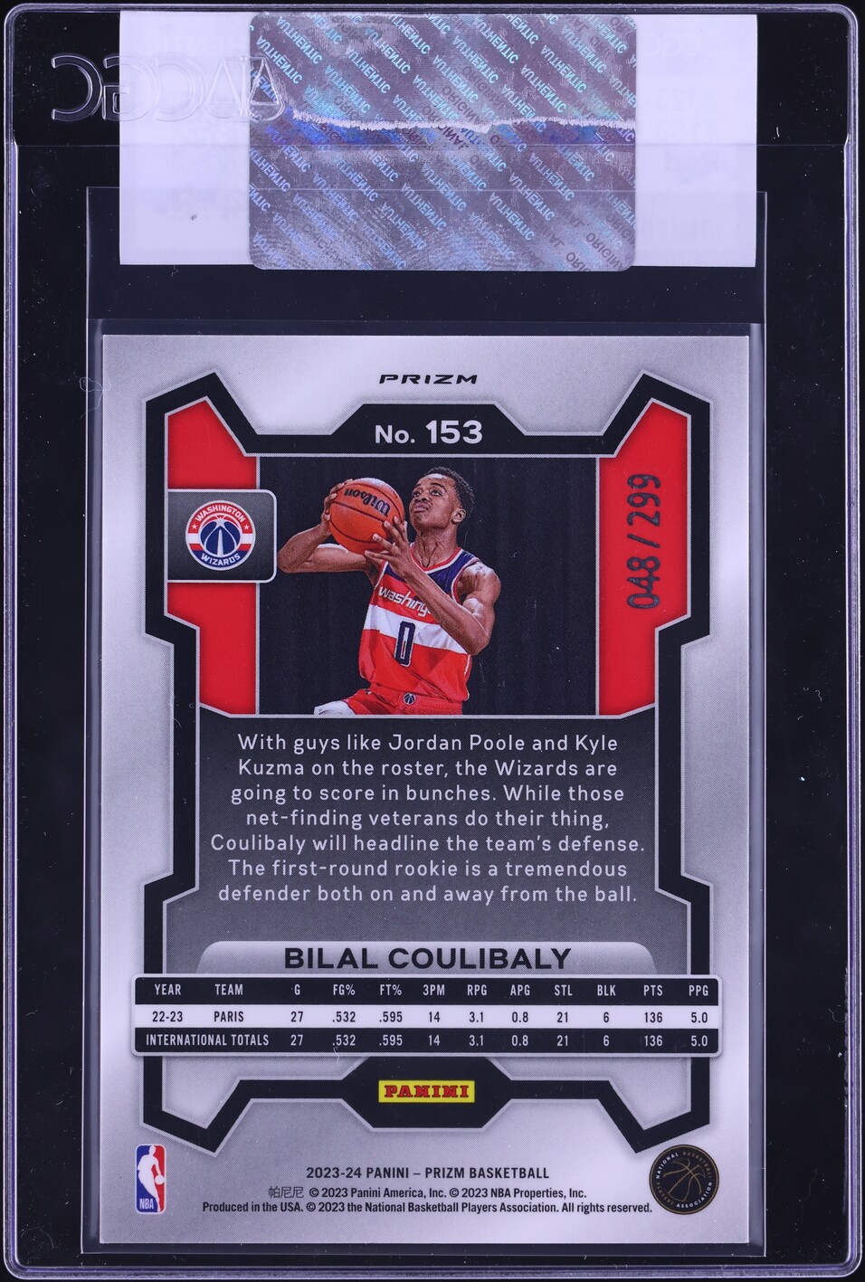2023 Panini Prizm Red Bilal Coulibaly ROOKIE /299 #153 CGC AUTH