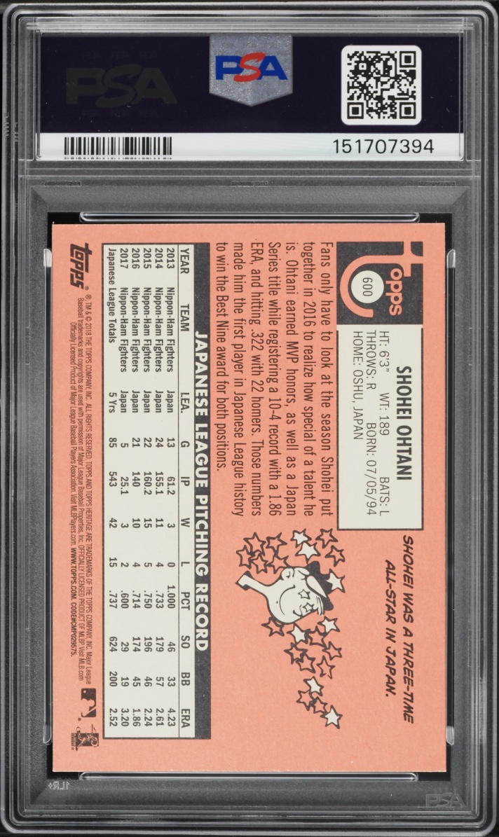 2018 Topps Heritage Shohei Ohtani ROOKIE #600 PSA 8 NM-MT