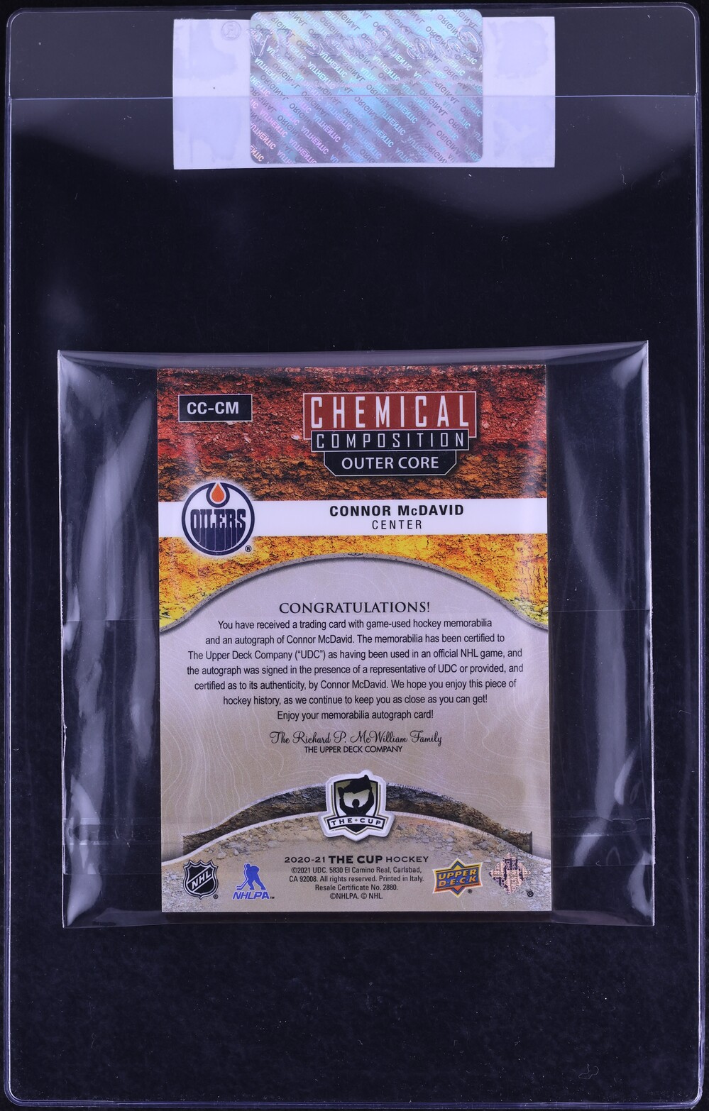 2020 Upper Deck The Cup Chemical Comp Outer Core Connor McDavid PATCH AUTO /35 #CC-CM CGC AUTH