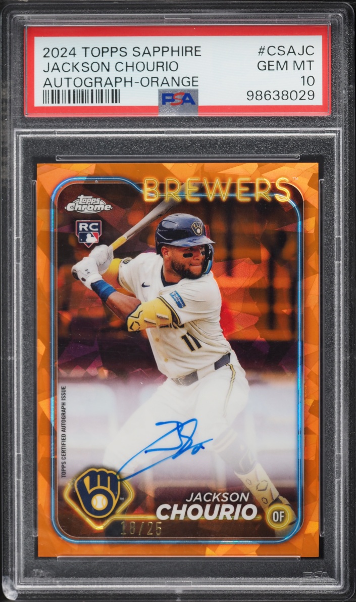 2024 Topps Chrome Sapphire Orange Jackson Chourio ROOKIE AUTO /25 #CSA-JC PSA 10