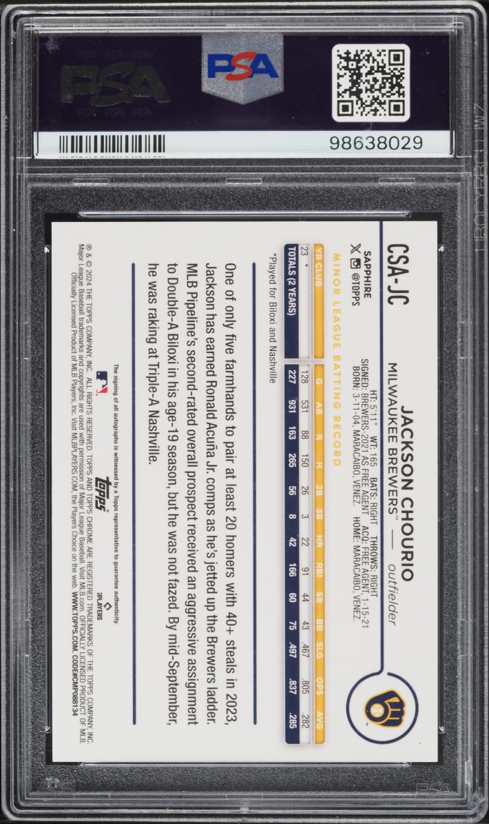 2024 Topps Chrome Sapphire Orange Jackson Chourio ROOKIE AUTO /25 #CSA-JC PSA 10