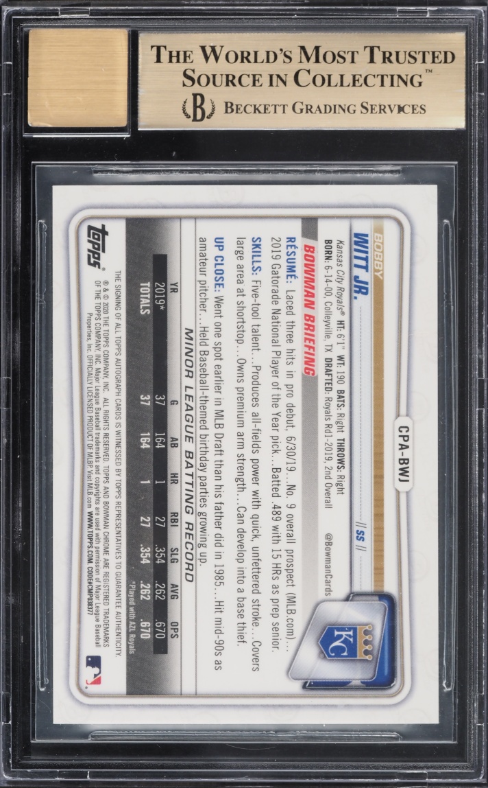 2020 Bowman Chrome Blue Refractor Bobby Witt Jr. PROSPECT AUTO /150 #CPA-BWJ BGS 9.5 GEM MINT