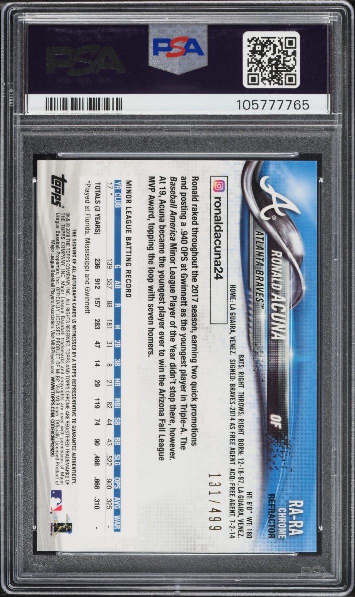 2018 Topps Chrome Refractor Ronald Acuna Jr. ROOKIE AUTO /499 #RA-RA PSA 10 GEM MINT