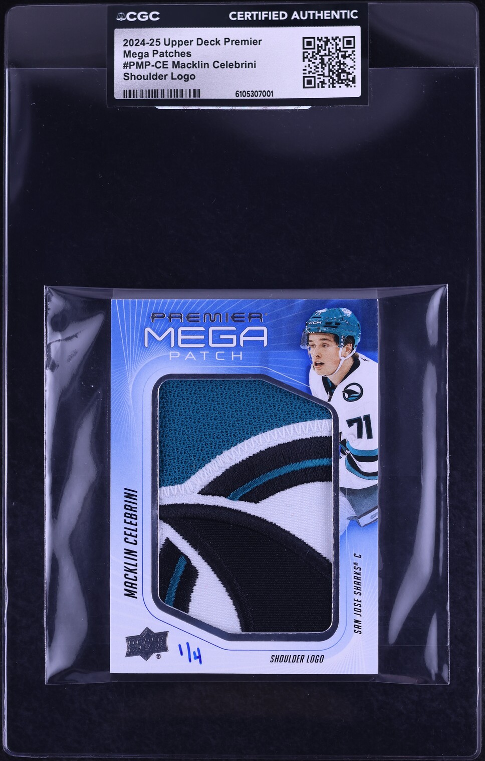 2024 Upper Deck Premier Mega Shoulder Logo Macklin Celebrini PATCH 1/4 #PMP-CE CGC AUTH