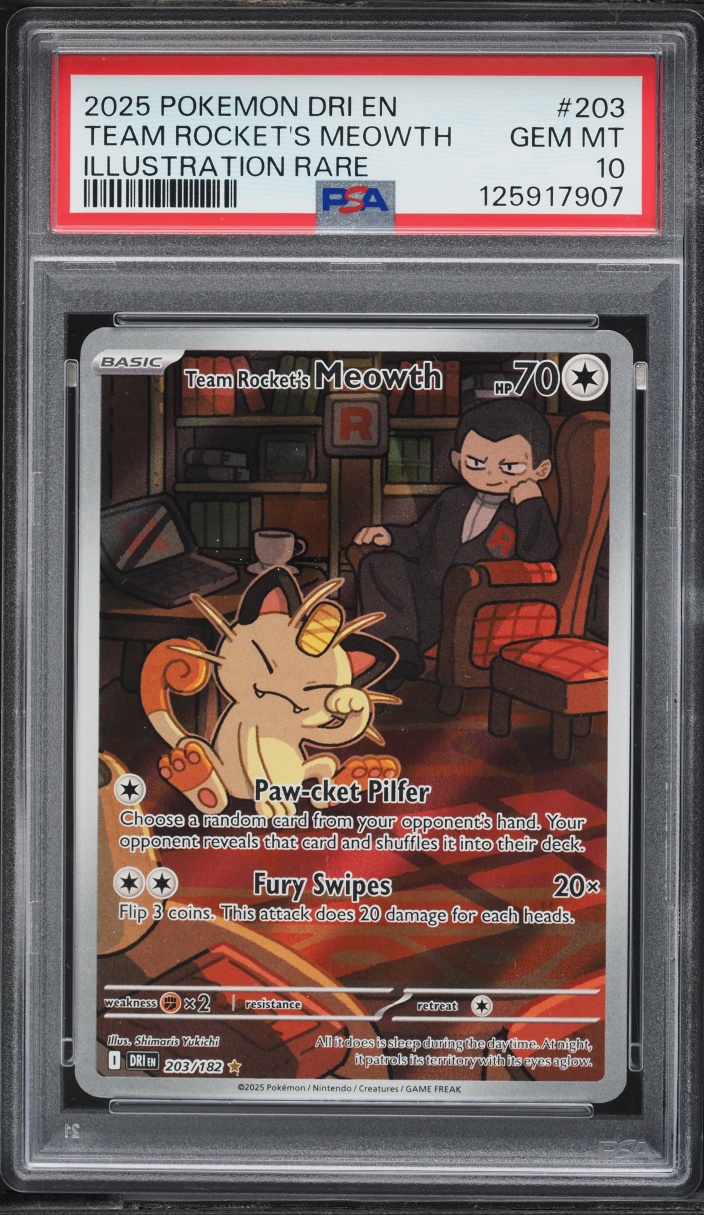 2025 Pokemon Scarlet & Violet Destined Rivals IR Team Rocket's Meowth #203 PSA 10 GEM MINT