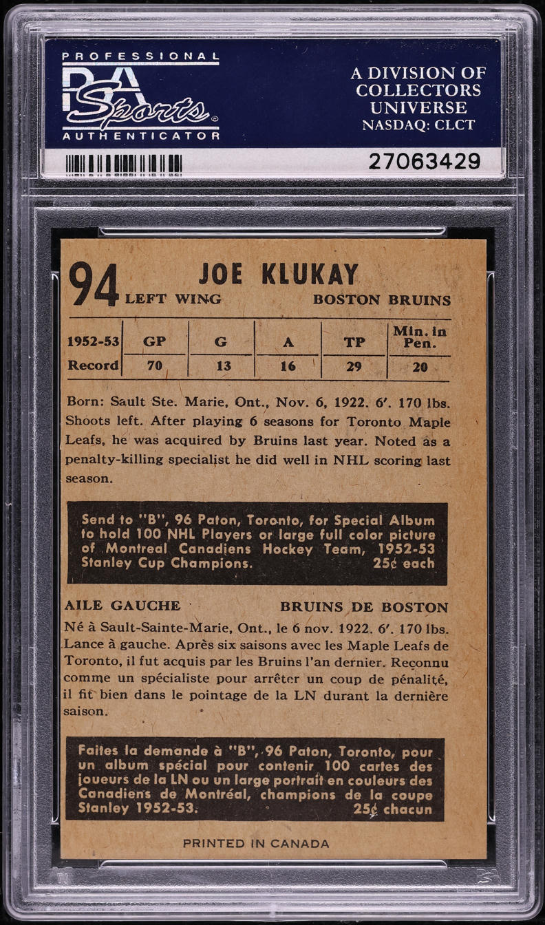 1953 Parkhurst Joe Klukay #94 PSA 7 NRMT