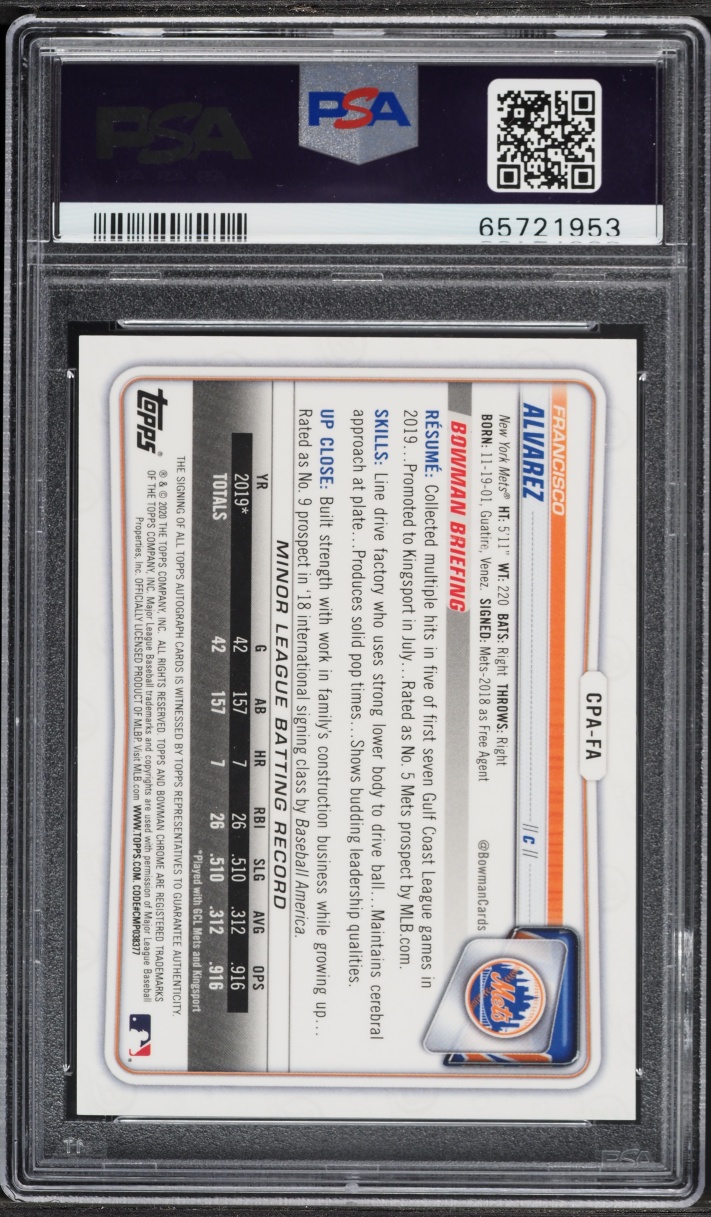 2020 Bowman Chrome Francisco Alvarez PROSPECT AUTO #CPA-FA PSA 9 MINT