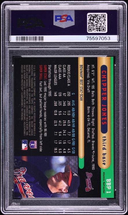 1996 Bowman's Best Preview Atomic Refractor Chipper Jones #BBP1 PSA 9 MINT - Photo 2
