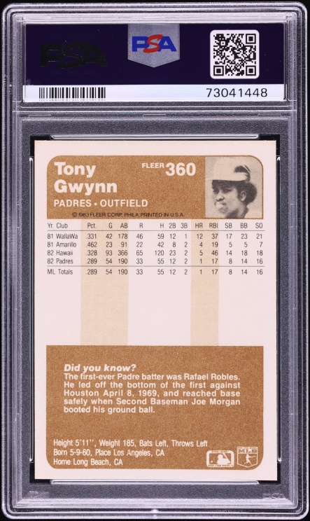 1983 Fleer Tony Gwynn ROOKIE #360 PSA 10 GEM MINT - Photo 2