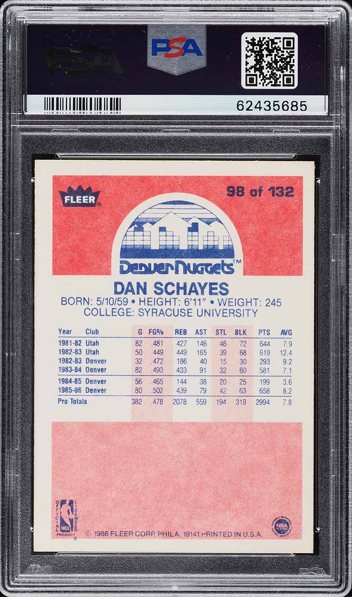 1986 Fleer Basketball Dan Schayes #98 PSA 10 GEM MINT
