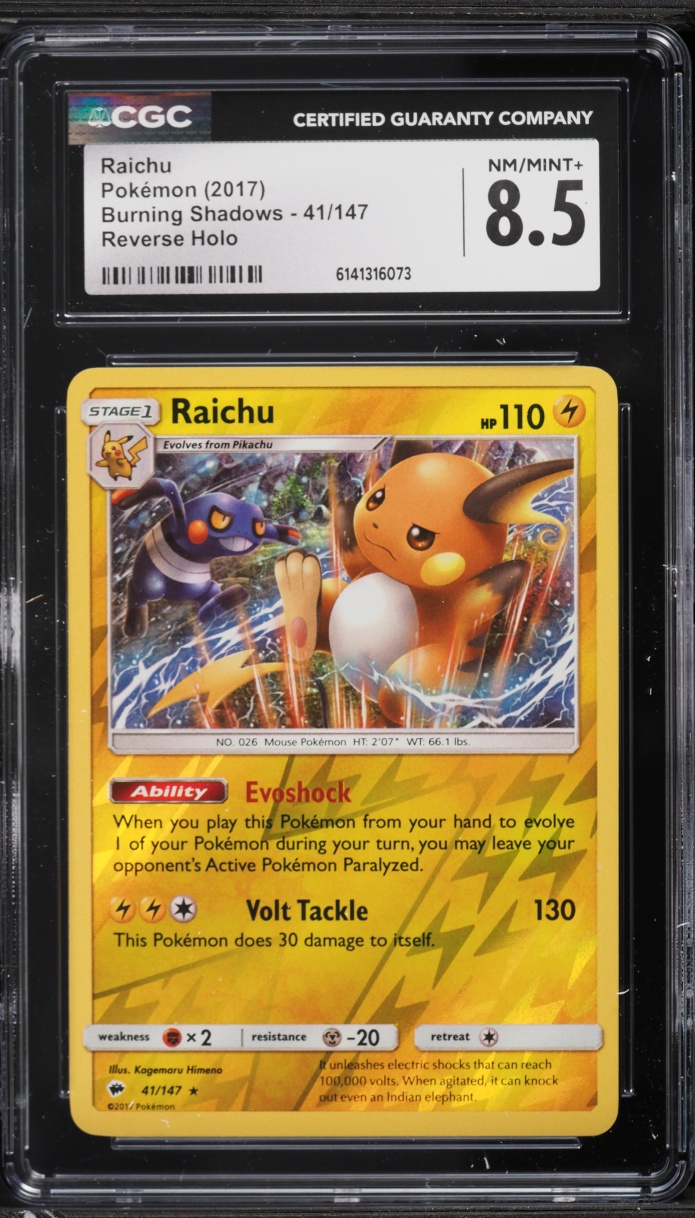 2017 Pokemon Sun & Moon Burning Shadows Reverse Holo Raichu #41 CGC 8.5 NM-MT+