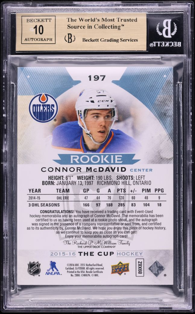 2015 Upper Deck The Cup Connor McDavid ROOKIE PATCH AUTO /99 #197 BGS 9.5 GEM