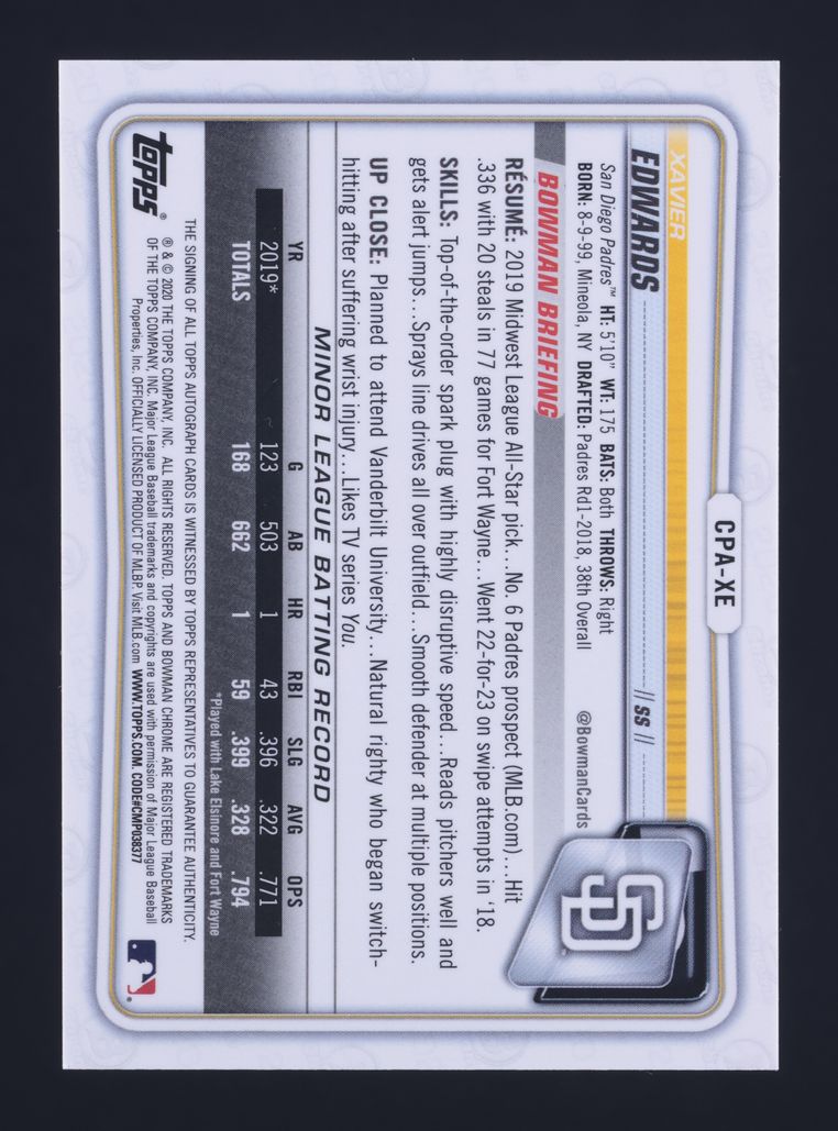 2020 Bowman Chrome Xavier Edwards PROSPECT AUTO #CPA-XE MBA AUTH