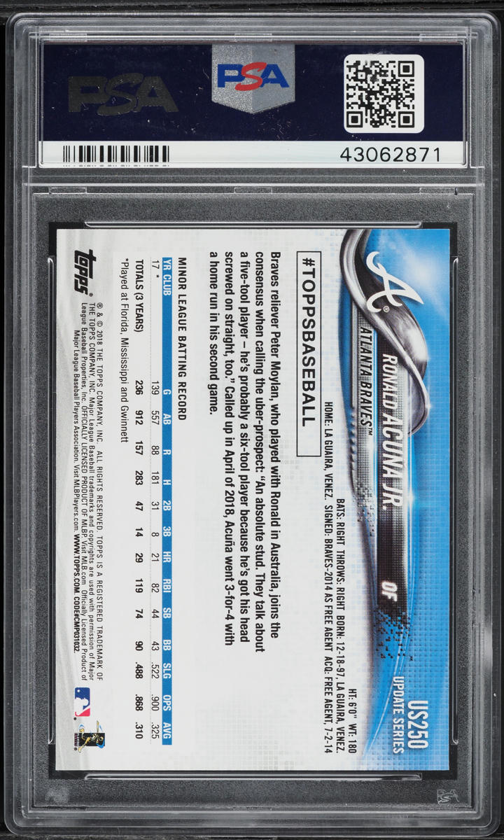 2018 Topps Update White With Bat Ronald Acuna Jr ROOKIE #US250 PSA 10 GEM MINT