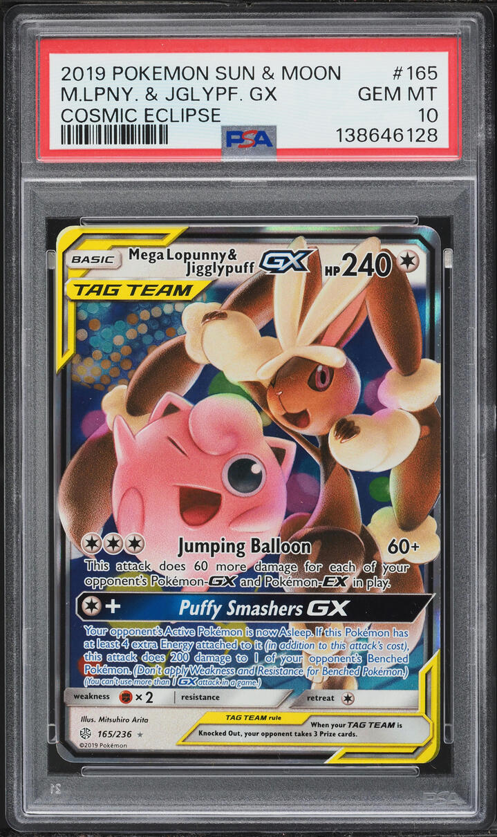 2019 Pokemon Sun & Moon Cosmic Eclipse Mega Lopunny & Jigglypuff GX #165 PSA 10 GEM MINT