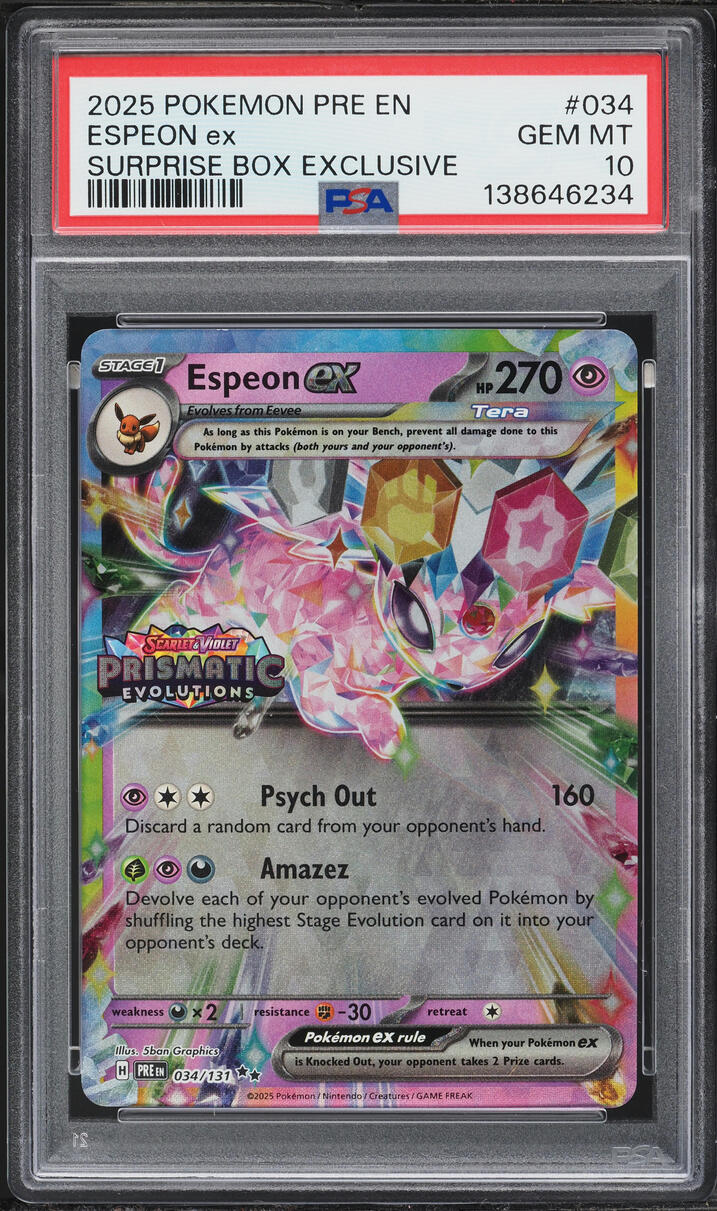 2025 Pokemon SV Prismatic Evolutions Surprise Box Holo Espeon ex #34 PSA 10 GEM MINT
