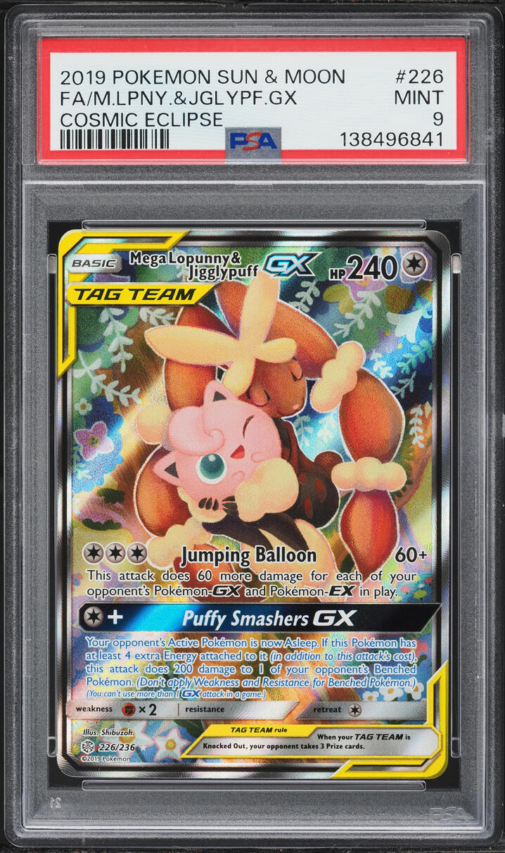 2019 Pokemon Sun & Moon Cosmic Eclipse Alt Art Mega Lopunny & Jigglypuff GX #226 PSA 9 MINT