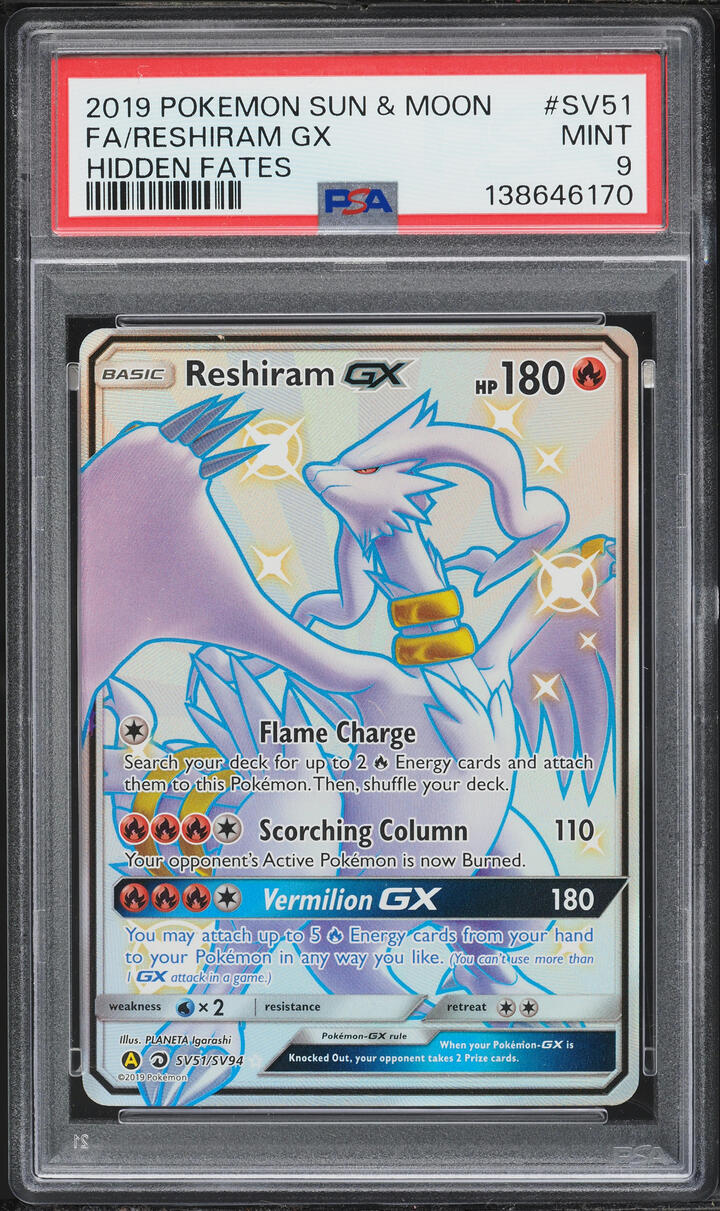 2019 Pokemon Sun & Moon Hidden Fates Full Art Reshiram GX #SV51 PSA 9 MINT