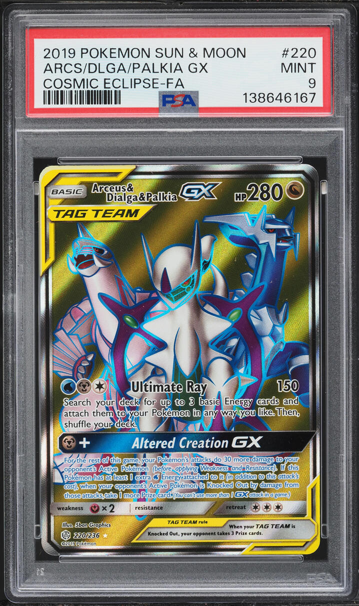 2019 Pokemon Sun & Moon Cosmic Eclipse Full Art Arceus Dialga Palkia GX #220 PSA 9 MINT