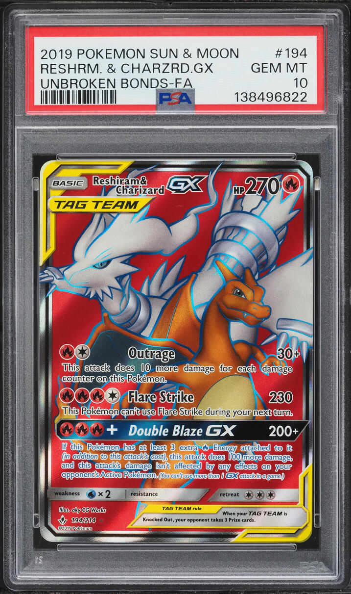2019 Pokemon Sun & Moon Unbroken Bonds Full Art Reshiram & Charizard GX #194 PSA 10 GEM MINT