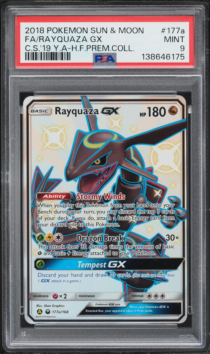 2018 Pokemon Sun & Moon Hidden Fates Premium Collection Full Art Rayquaza GX #177a PSA 9 MINT