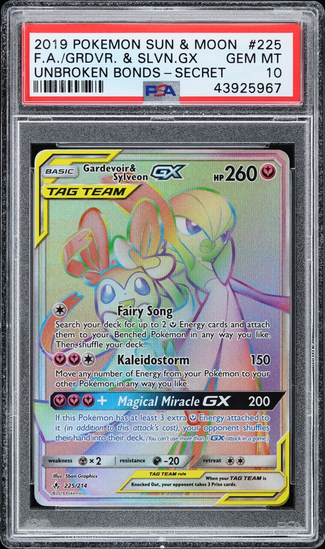 2019 Pokemon Sun & Moon Unbroken Bonds Rainbow Rare Gardevoir & Sylveon GX #225 PSA 10 GEM MINT