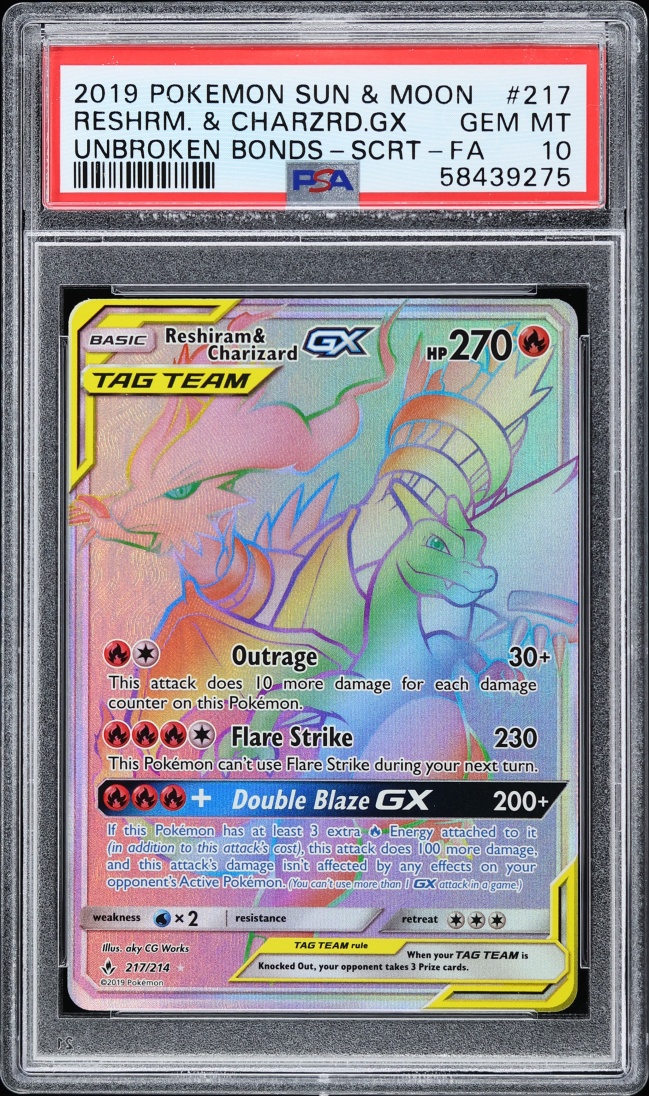 2019 Pokemon Sun & Moon Unbroken Bonds Rainbow Rare Reshiram Charizard GX #217 PSA 10 GEM MINT