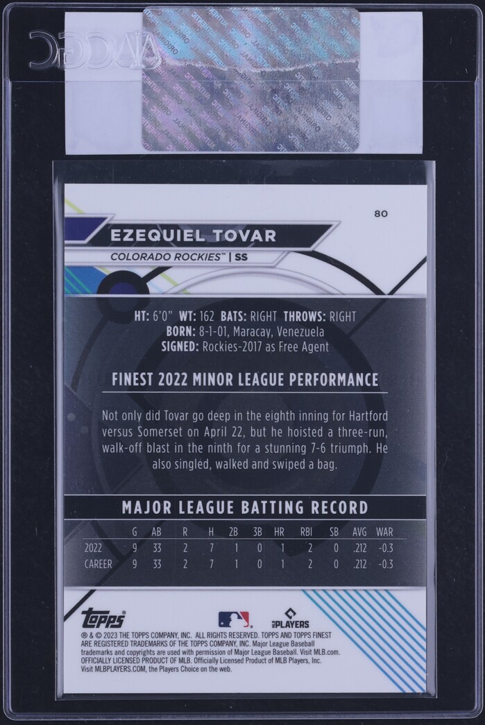 2023 Finest Sky Blue Refractor Ezequiel Tovar ROOKIE /300 #80 CGC AUTH